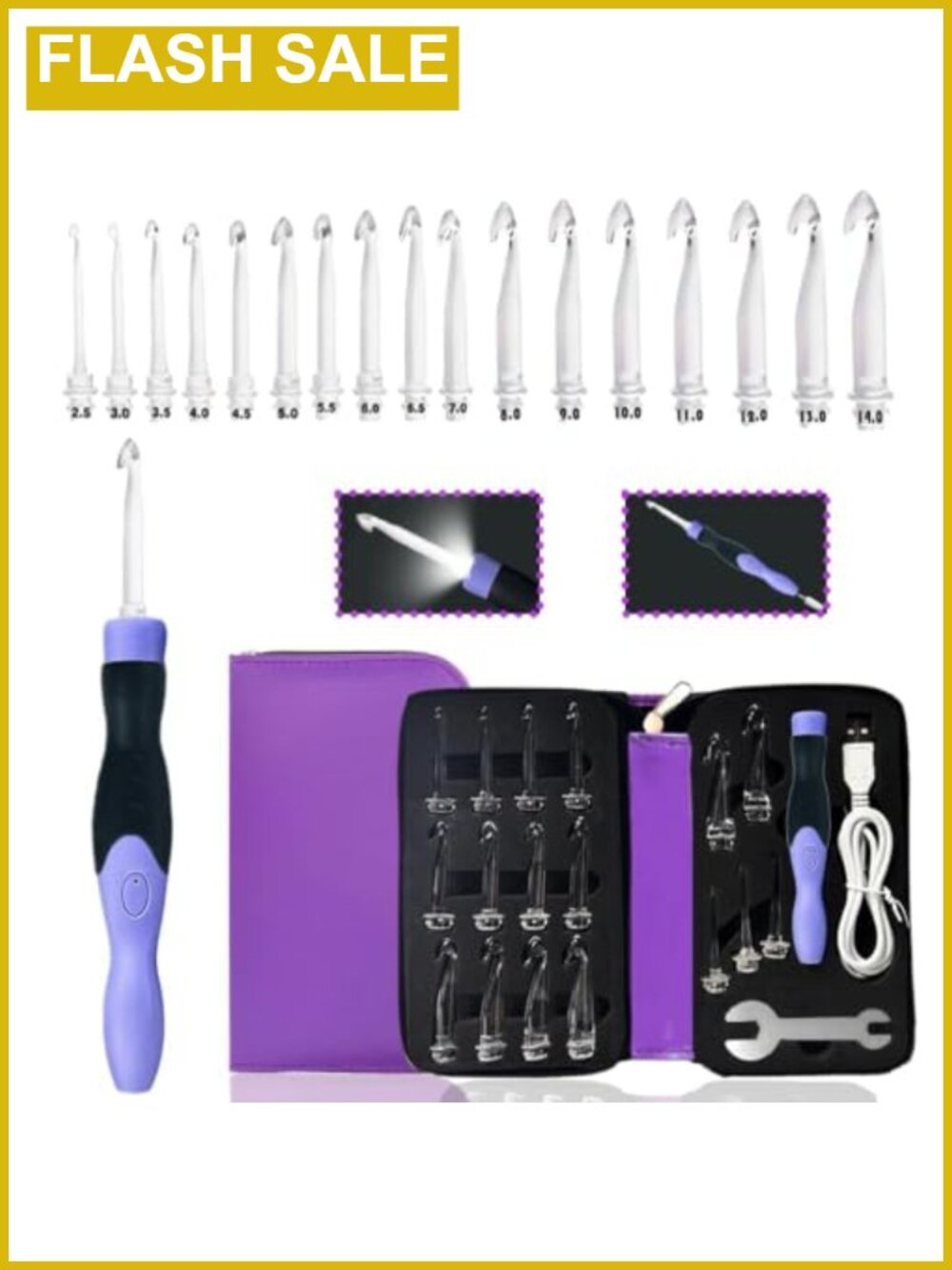 Lighted Crochet Hooks 17 Size 2.5mm-14mm Rechargeable LED Set